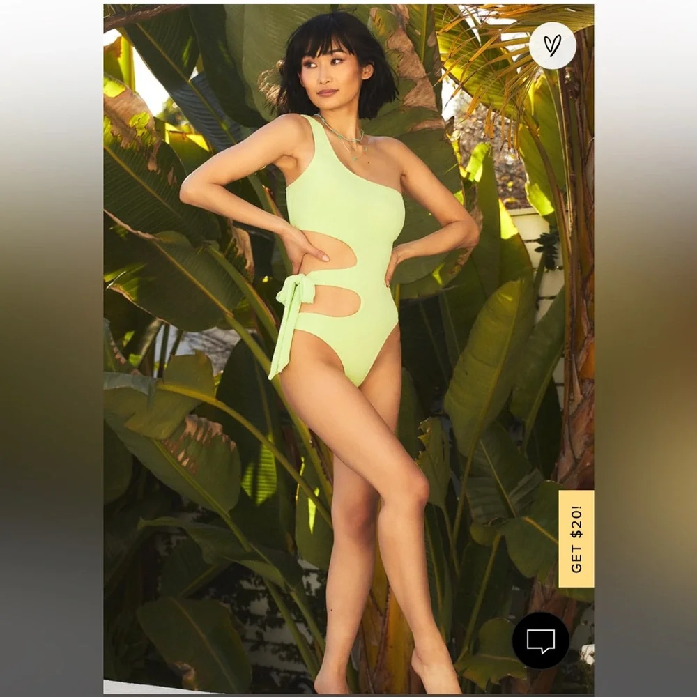 Just Add Water Lime Green Ribbed One-Shoulder Side-Tie Swimsuit - Picture 1 of 5